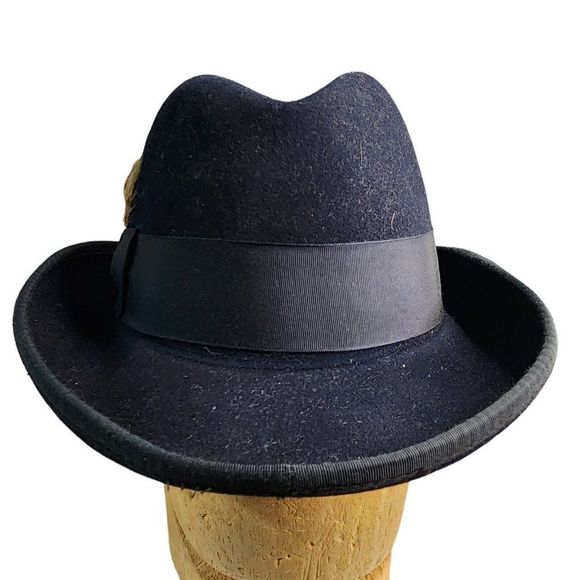 Reed Hill Fur Blend Hat Size 7 Custom Made Navy Blue With Band and Feather - Picture 9 of 13